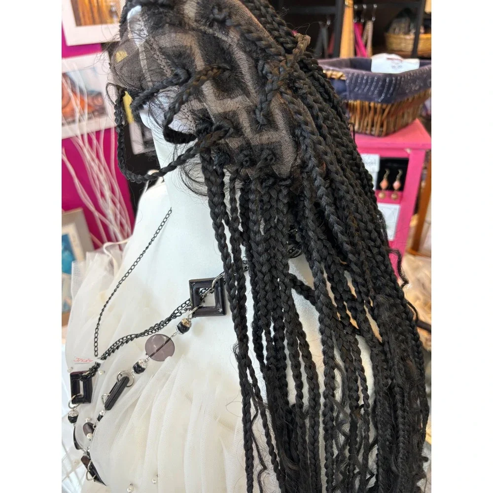 Black Braided Lace Front Wig Long Bohemian Box Braids Curly Ends 34 In Glueless